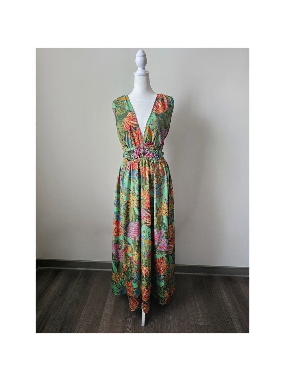 Indulge Style Deep Double V-Neck Green Smocked Floral Maxi Dress Size XL
